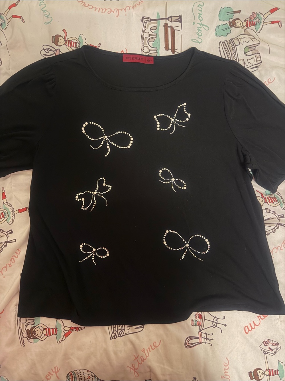 Scarlett Black Short-Sleeve Top with Rhinestone Bow Accents
